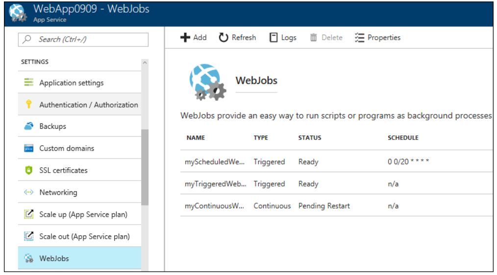 Screenshot Azure WebJobs